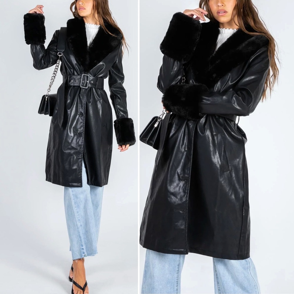 LIONESS Brooklyn Faux Leather Faux Fur Trench Coat Jacket Blogger Favorite Style